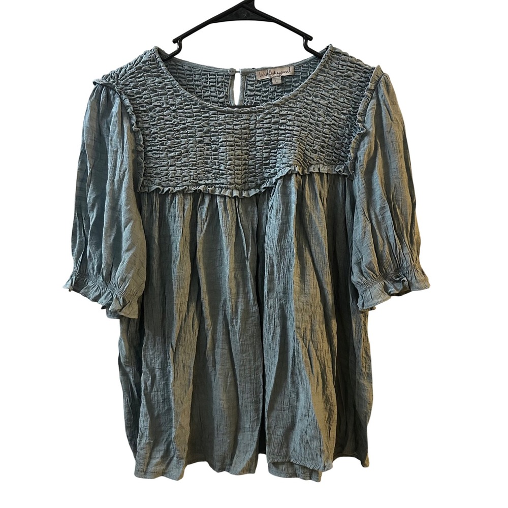 Smocked Yoke Puff Sleeve Blouse in Dusty Blue - Women